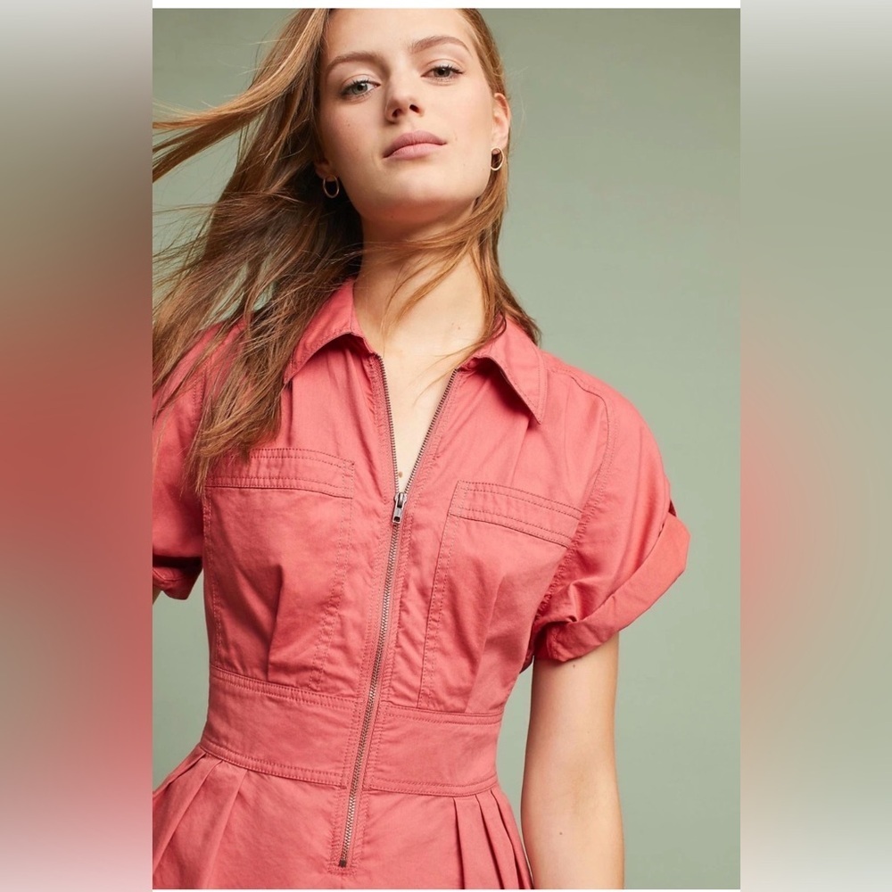 Anthropologie Holding Horses Coral Zip Front Romper 6 Cotton Lyocell Utility - Picture 5 of 16
